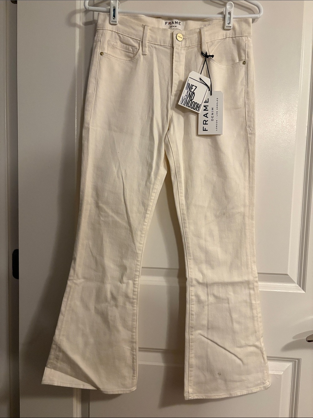 Frame Inez St Tropez Denim Cream Flare Jeans with Gold Hardware- Small Marking